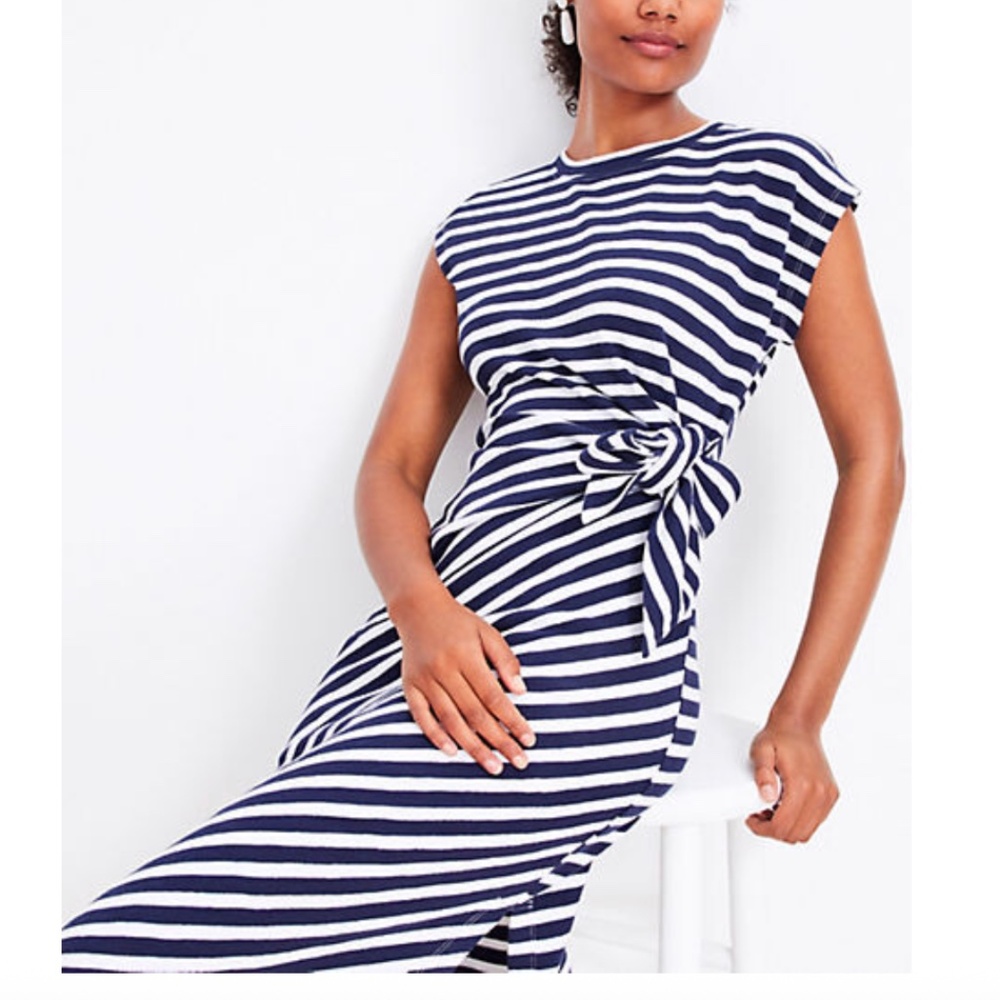 LOFT Stripe Knotted Cap Sleeve Midi Dress, Small Petite